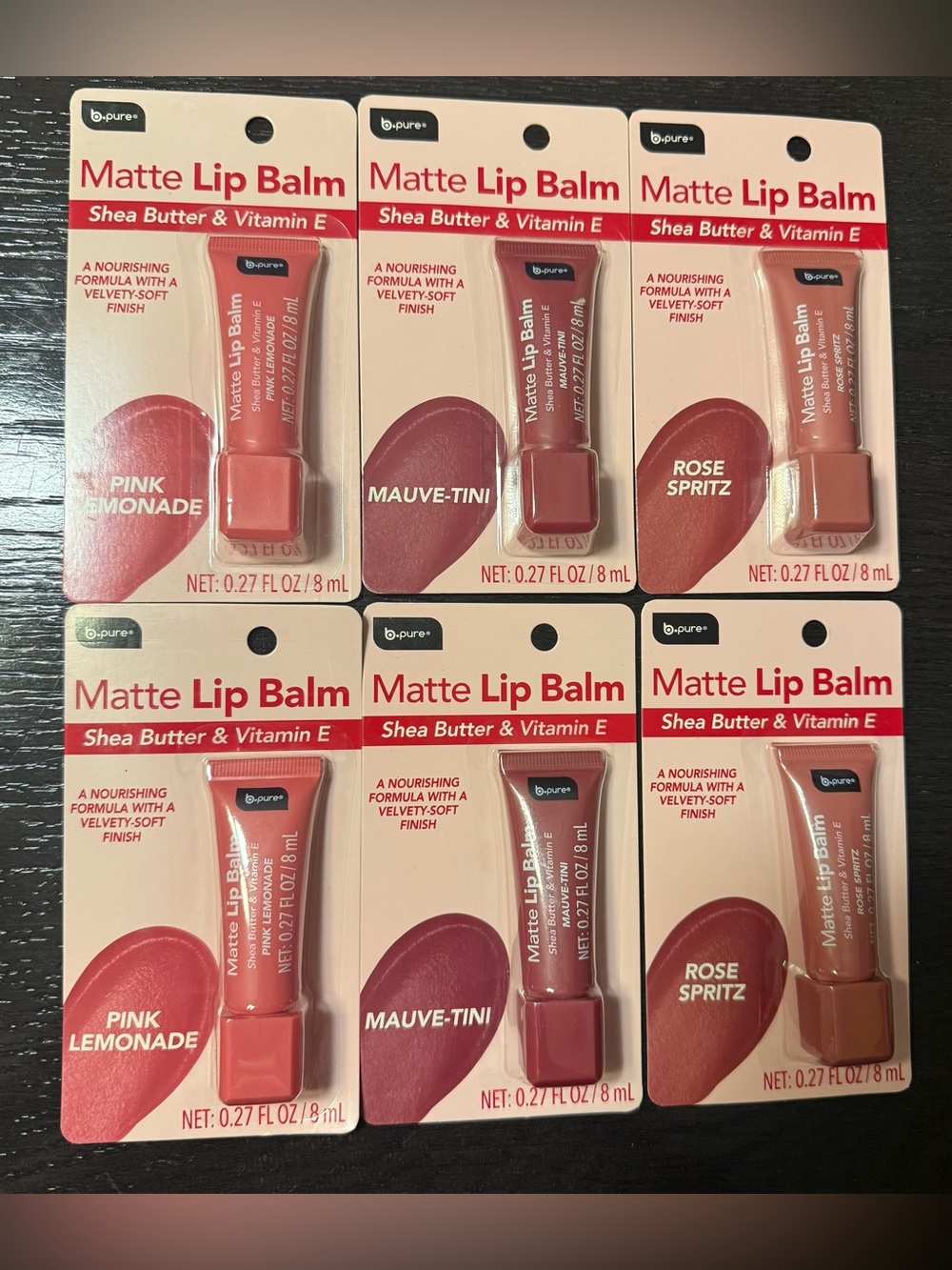 b.pure Matte Lip Balms - Pink Lemonade, Mauve-Tini, Rose Spritz